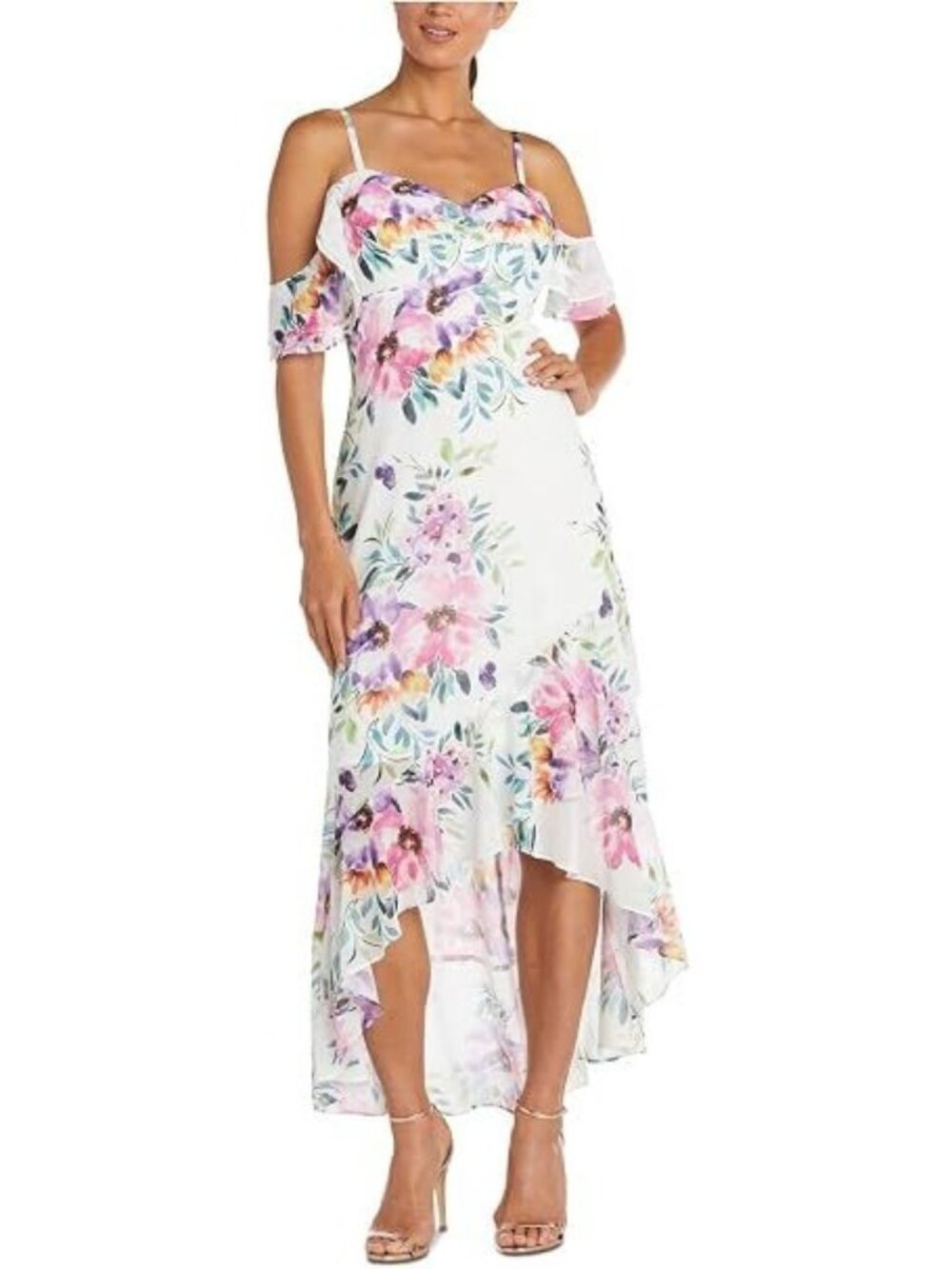 NWT Nightway Womens White Pink Floral Cold Shoulder High Low Dress Size 4